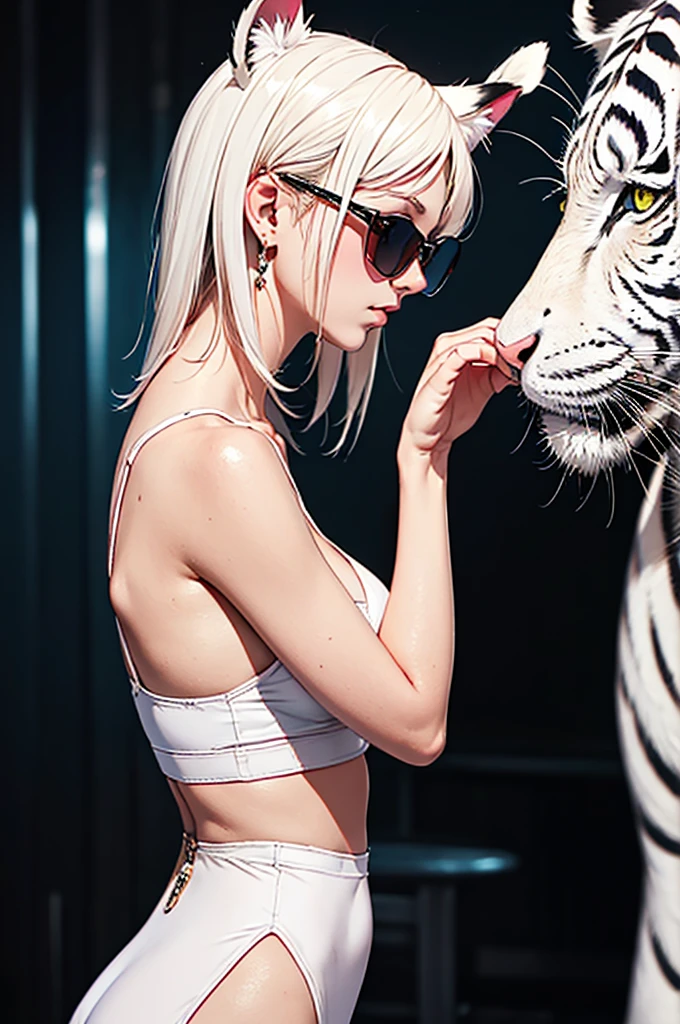 cyber punk, Frank Frazetta style, Perfect composition, One Woman, alone, White Tiger Theme, Please raise your hand, Please raise your knees, stop temporarily, Low angle close up shot, Strong bloom in the background, Shine, Soft pink edge light, length, spiky white hair, White tiger ears, ((Big tits beauty))White tiger tail, White tiger fur stockings, small Shineing orange sunglasses, White tiger stripes, Perfect hands, High Contrast, Enhanced brightness, Strong top-down lighting