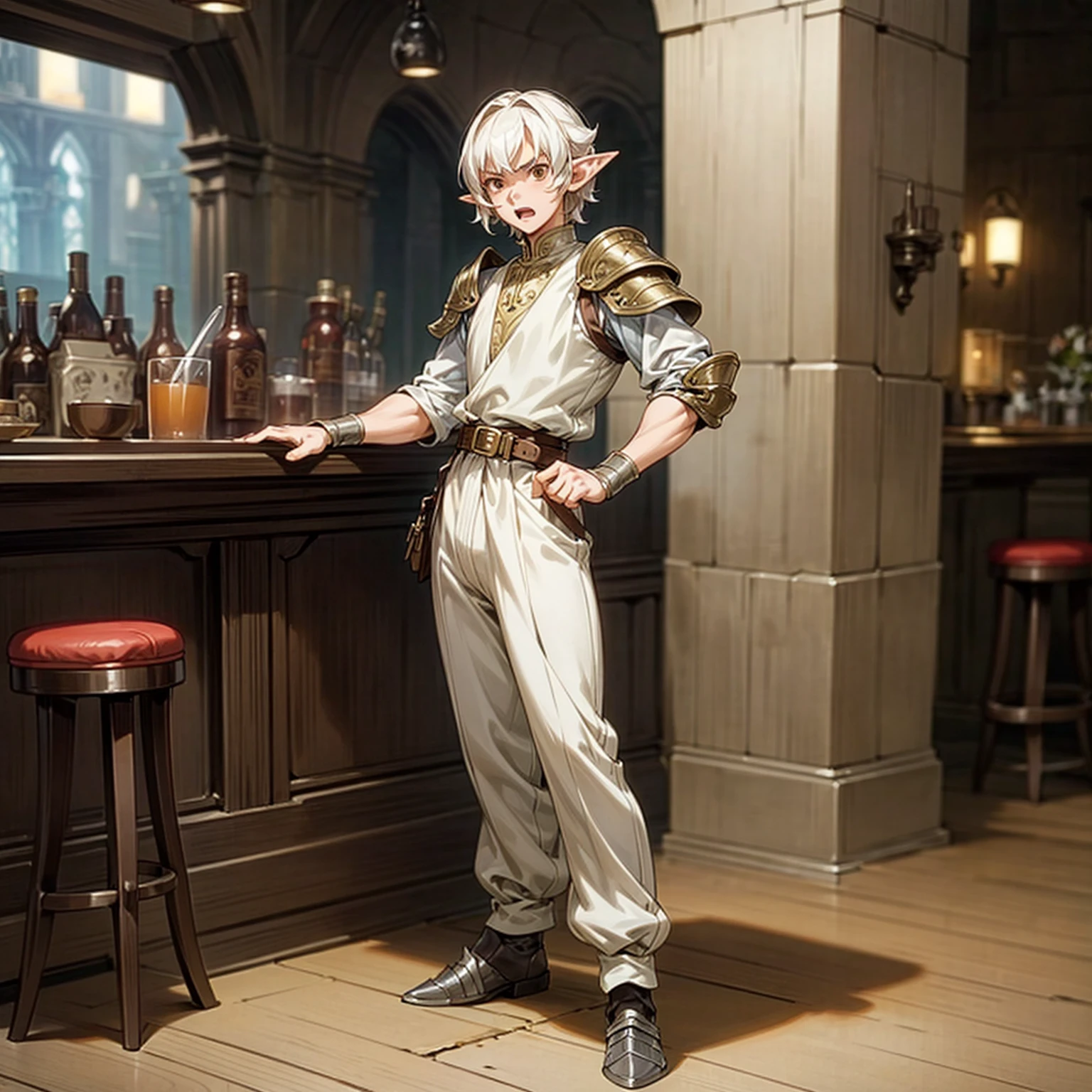 Solo character, full body version, middle aged man, muscle, (elf), brown eyes, white color hair, short Curly hair, white shirt, black long pants, shoes, belt, indoor, bar, town, medieval, standing gesture, detailed background, detailed clothing, detailed hair, (Makoto shinkai style art), open mouth, angry, armor