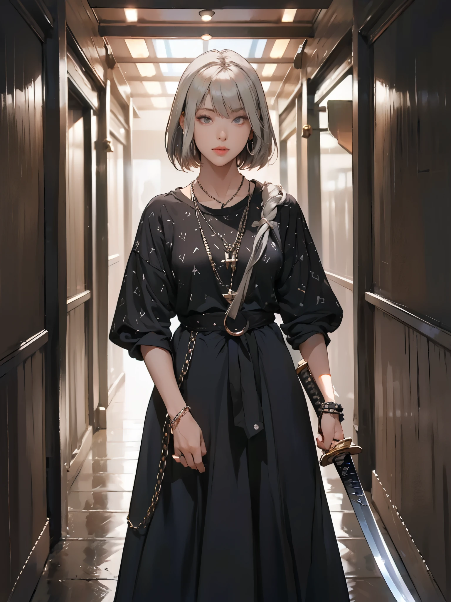 girl, standing, raised hand, holding sword handle, katana blade over shoulder, long dress, folded shirt, bob hair, bangs, detailed face, looking at viewer, in hallway, dim light, grey hair, bouffant, studded bracelets, chain necklace, rings, black plastic bags, graffities on walls,