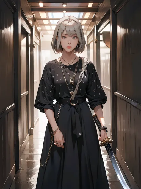 girl, standing, raised hand, holding sword handle, katana blade over shoulder, long dress, folded shirt, bob hair, bangs, detail...