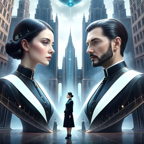 a man and a woman are standing in front of a building, symmetrical portraits sf, and mumford tom bagshaw, key art, and mumford. ...