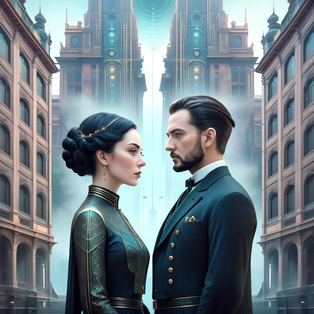 A man and a woman are standing in front of a building, Symmetrical Portraits SF, And Mumford tom bagshaw, Key Art, And Mumford. 8k octane rendered, Symmetrical digital illustration, Digital Art 4K Anxiety, Symmetrical concept art, Sylvain Sarayl and Igor Morski, Beeple and Mike Winkelman, environmental Key Art