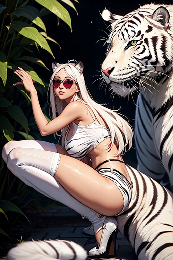 cyber punk, Frank Frazetta style, Perfect composition, One Woman, alone, White Tiger Theme, Please raise your hand, Please raise your knees, stop temporarily, Low angle close up shot, Strong bloom in the background, Shine, Soft pink edge light, length, spiky white hair, White tiger ears, ((Big tits beauty))White tiger tail, White tiger fur stockings, small Shineing orange sunglasses, White tiger stripes, Perfect hands, High Contrast, Enhanced brightness, Strong top-down lighting