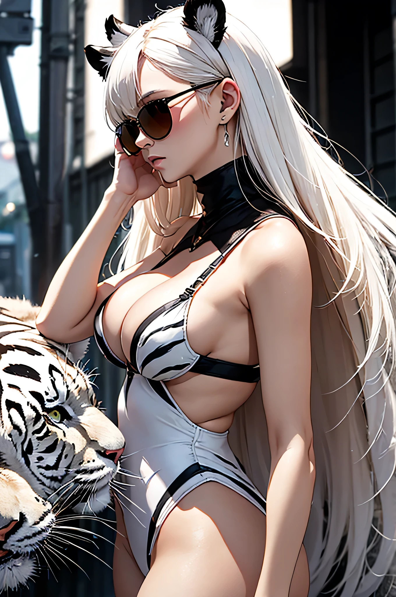 cyber punk, Frank Frazetta style, Perfect composition, One Woman, alone, White Tiger Theme, Please raise your hand, Please raise your knees, stop temporarily, Low angle close up shot, Strong bloom in the background, Shine, Soft pink edge light, length, spiky white hair, White tiger ears, ((Big tits beauty))White tiger tail, White tiger fur stockings, small Shineing orange sunglasses, White tiger stripes, Perfect hands, High Contrast, Enhanced brightness, Strong top-down lighting