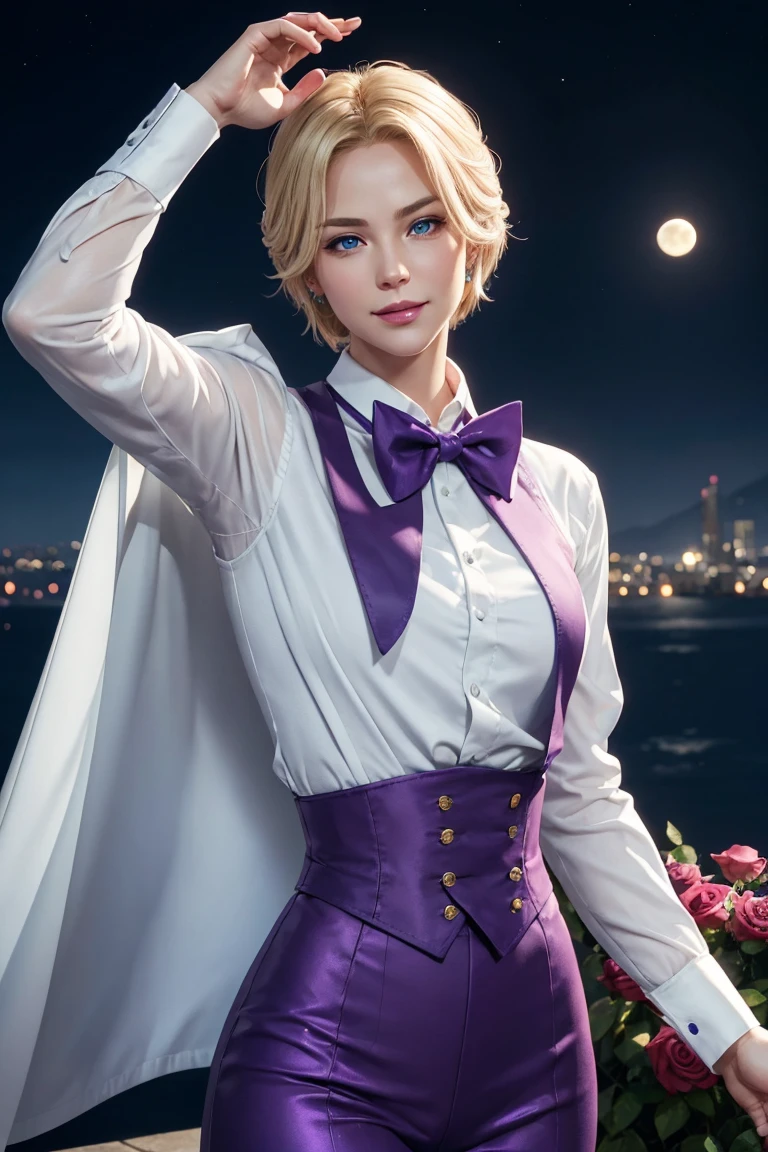 KOF,King of Fighters,King,Blue Eyes,Blonde Hair,Medium Hair,White long shirt,Purple vest,A bow tie,Beautiful white skin,Photorealistic,Ultra HD,high quality,masterpiece,Digital SLR,Detailed details,Intricate details,Anatomical basis,Depicted in detail,A detailed face,Realistic skin texture,Vivid details,Perfect Anatomy,Perfect Anatomy,Anatomically correct hand,Anatomically correct fingers,Super Detail,Complex 3D rendering,Sexy pose,Fantasy worldview,Beautiful Full Moon,,Beautiful night sky,Purple rose petals fluttering,Picturesque,Pink Lips,smile,