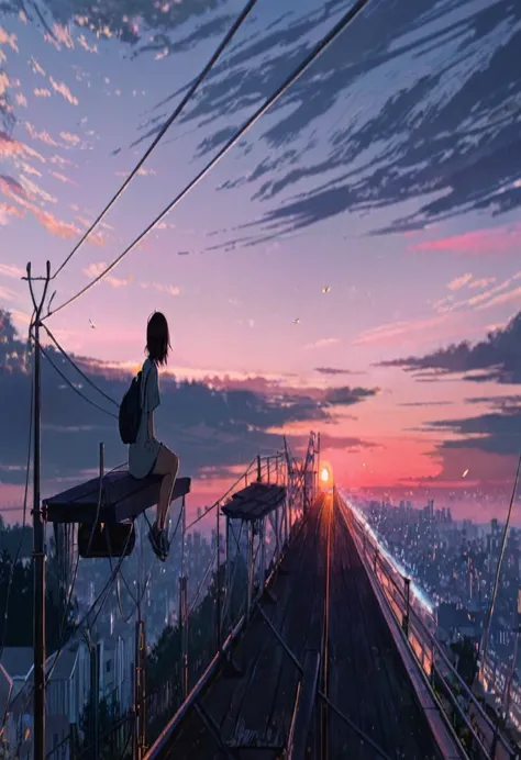 a women sitting on a rail watching the sunset, makoto shinkai cyril rolando, ( ( makoto shinkai ) ), beautiful  scene, watching ...