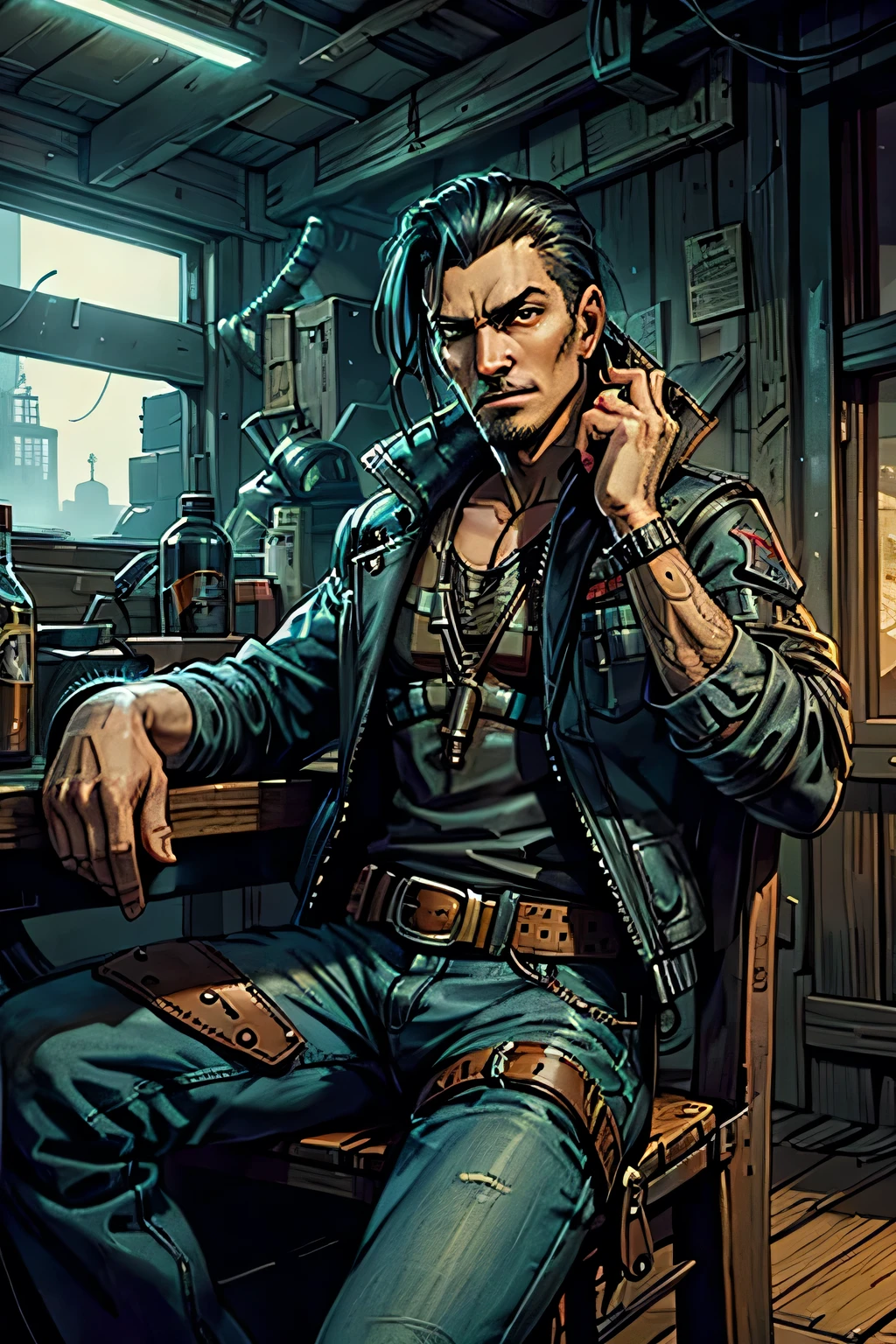 A cowboy sits on an old wooden chair background cyberpunk holding a revolver