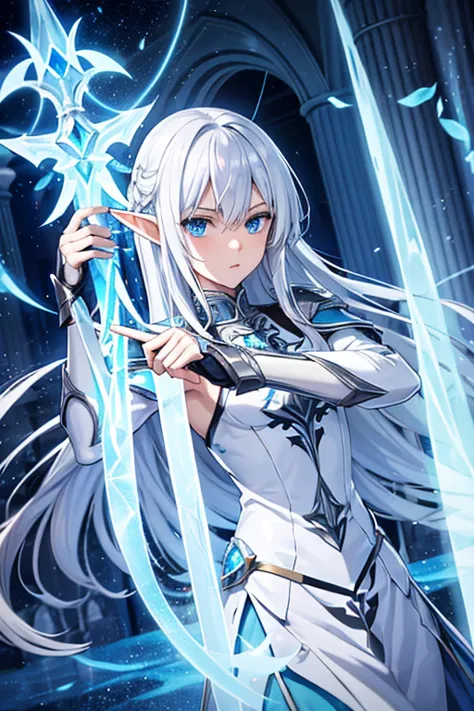 a semi-elf male paladin, long white hair, feminine facial features, celestial blue eyes, short stature, silver armor, wields a l...