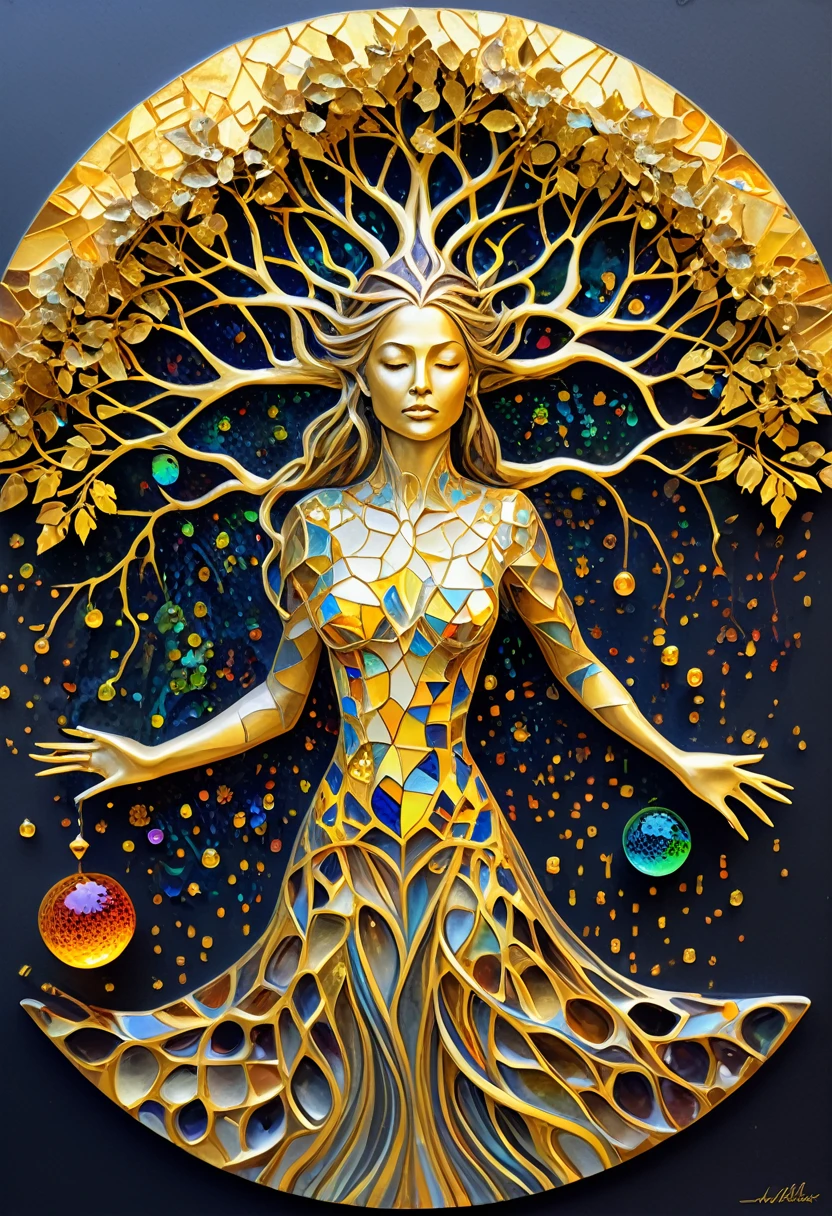 Beautiful line art photo，Use gold strokes and rainbow paint，Golden Maiden，the golden ratio，Melted wax，Visible brush strokes，surrounded by crystal spheres，3D Mosaic Wireframe，neuroimaging，neurons，The Tree of Life，colours，California，intense emotion，oil on the canvas，Thick strokes，insanely details，8k ultra high definition，tmasterpiece，art stations，ultra-realistic realism，Plant Witch，Vine Queen，Witch of Thorns