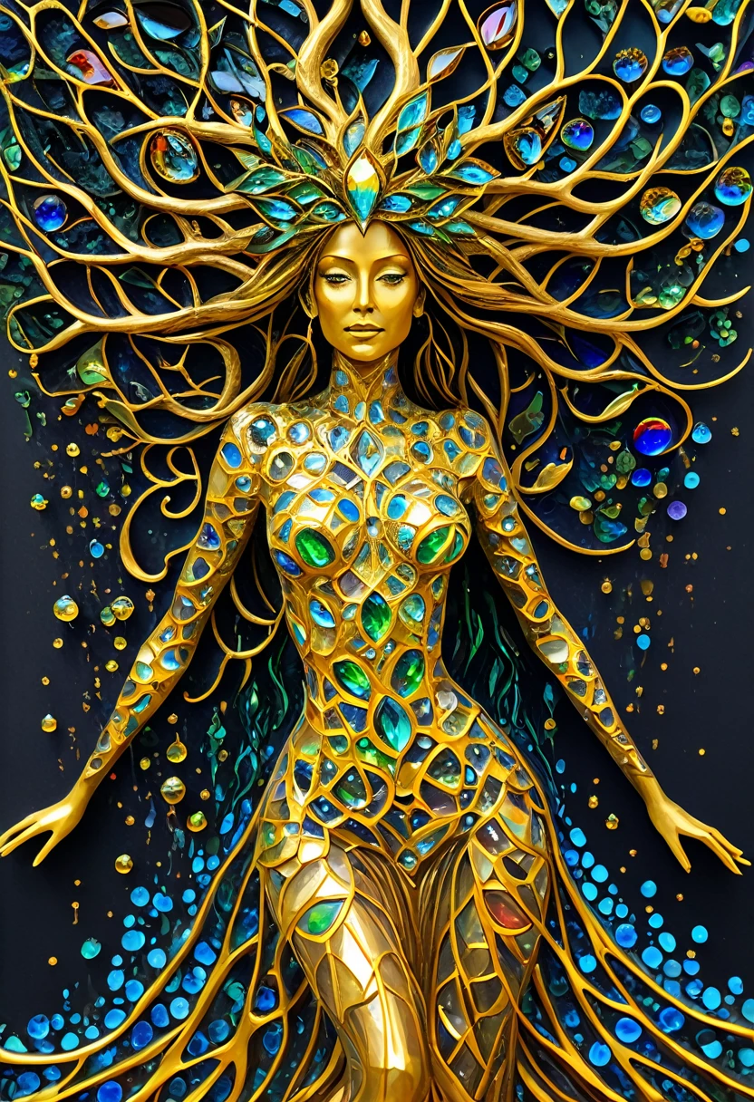 Beautiful line art photo，Use gold strokes and rainbow paint，Golden Maiden，the golden ratio，Melted wax，Visible brush strokes，surrounded by crystal spheres，3D Mosaic Wireframe，neuroimaging，neurons，The Tree of Life，colours，California，intense emotion，oil on the canvas，Thick strokes，insanely details，8k ultra high definition，tmasterpiece，art stations，ultra-realistic realism，Plant Witch，Vine Queen，Witch of Thorns