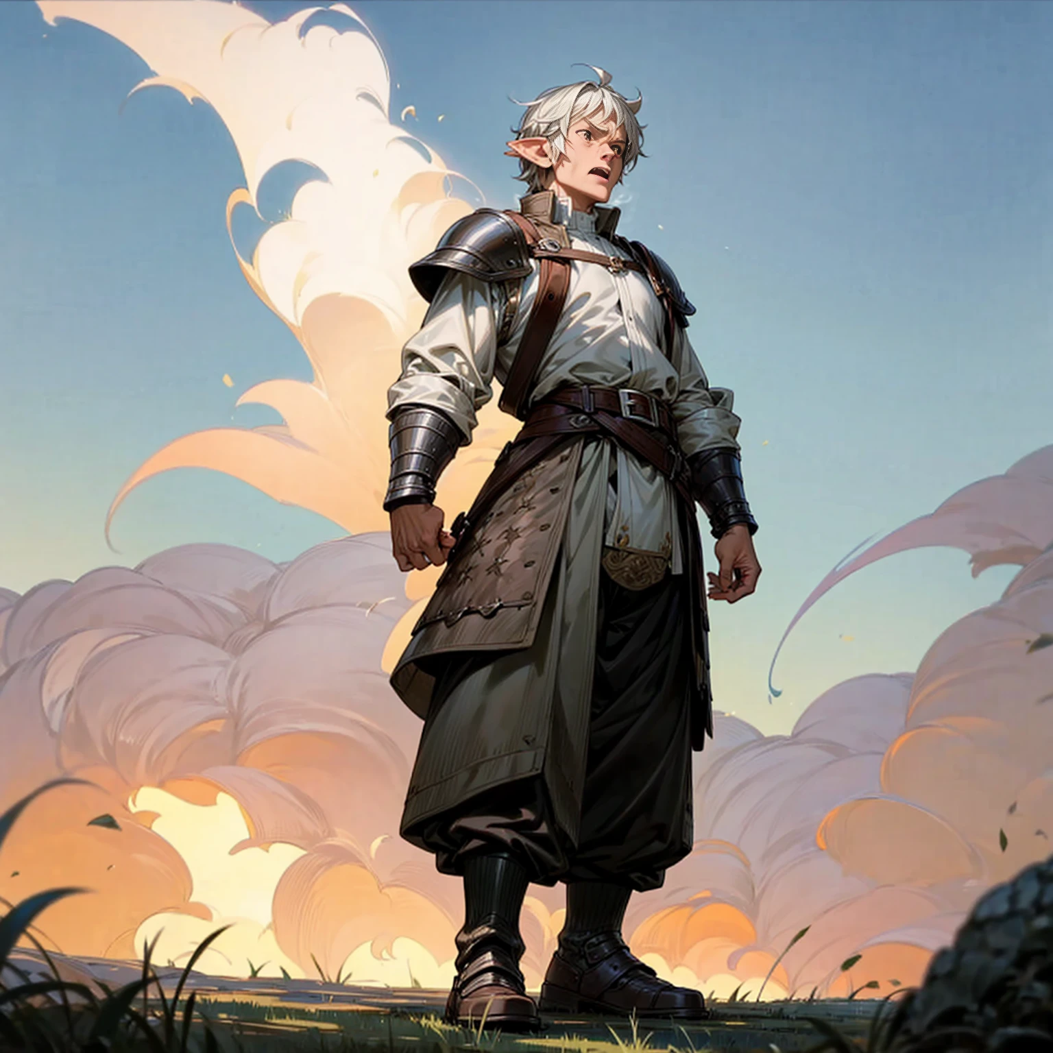 Solo character, full body version, old man, big man, muscle, (elf), brown eyes, white color hair, short Curly hair, white shirt, black long pants, shoes, belt, outdoor, field, Greenland, evening, medieval, standing gesture, detailed background, detailed clothing, detailed hair, (Makoto shinkai style art), thin beard, open mouth, angry, armor, smoke effect, fire effect 