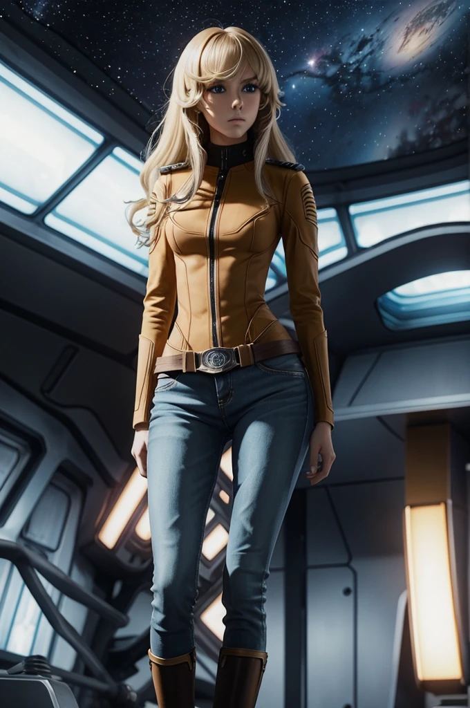 Anime style female character inspired by vintage space opera aesthetics, with elongated facial features, 165 cm tall, having blond, waist-length, wavy hair with V bangs, and blue eyes. She is wearing tight skinny jeans with high boots over them, adding an equestrian touch to her ensemble. The character's design reflects a blend of space opera elements and a realistic body proportion, highlighting her strong yet feminine presence.