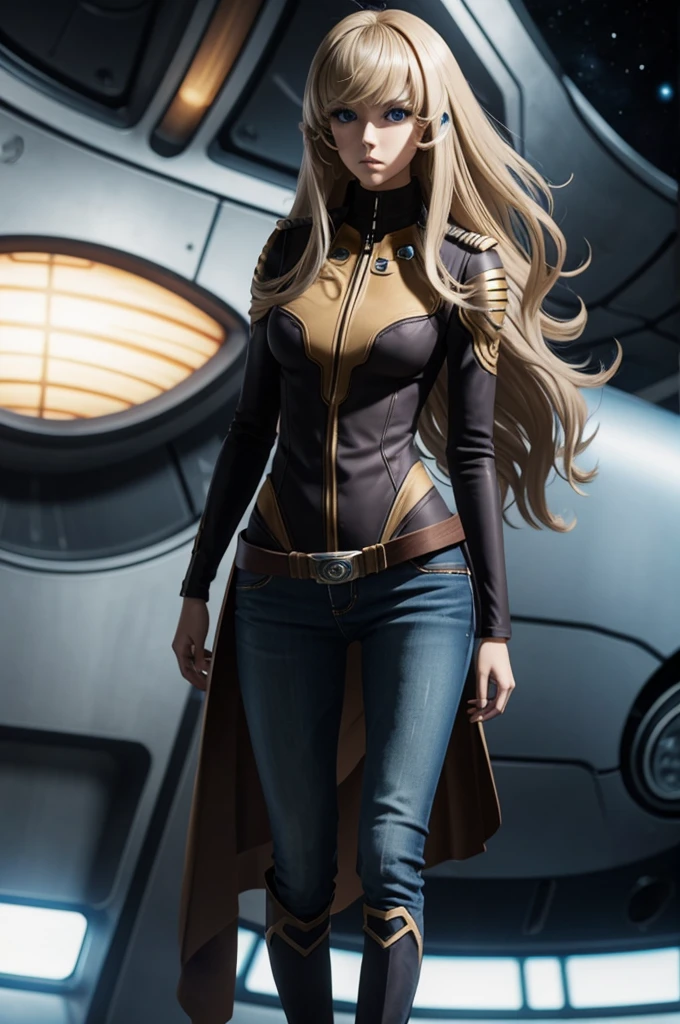 Anime style female character inspired by vintage space opera aesthetics, with elongated facial features, 165 cm tall, having blond, waist-length, wavy hair with V bangs, and blue eyes. She is wearing tight skinny jeans with high boots over them, adding an equestrian touch to her ensemble. The character's design reflects a blend of space opera elements and a realistic body proportion, highlighting her strong yet feminine presence.