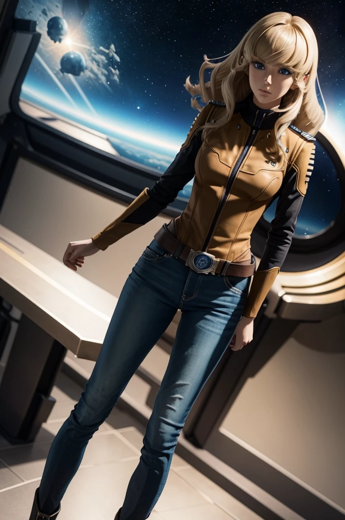 Anime style female character inspired by vintage space opera aesthetics, with elongated facial features, 165 cm tall, having blond, waist-length, wavy hair with V bangs, and blue eyes. She is wearing tight skinny jeans with high boots over them, adding an equestrian touch to her ensemble. The character's design reflects a blend of space opera elements and a realistic body proportion, highlighting her strong yet feminine presence.