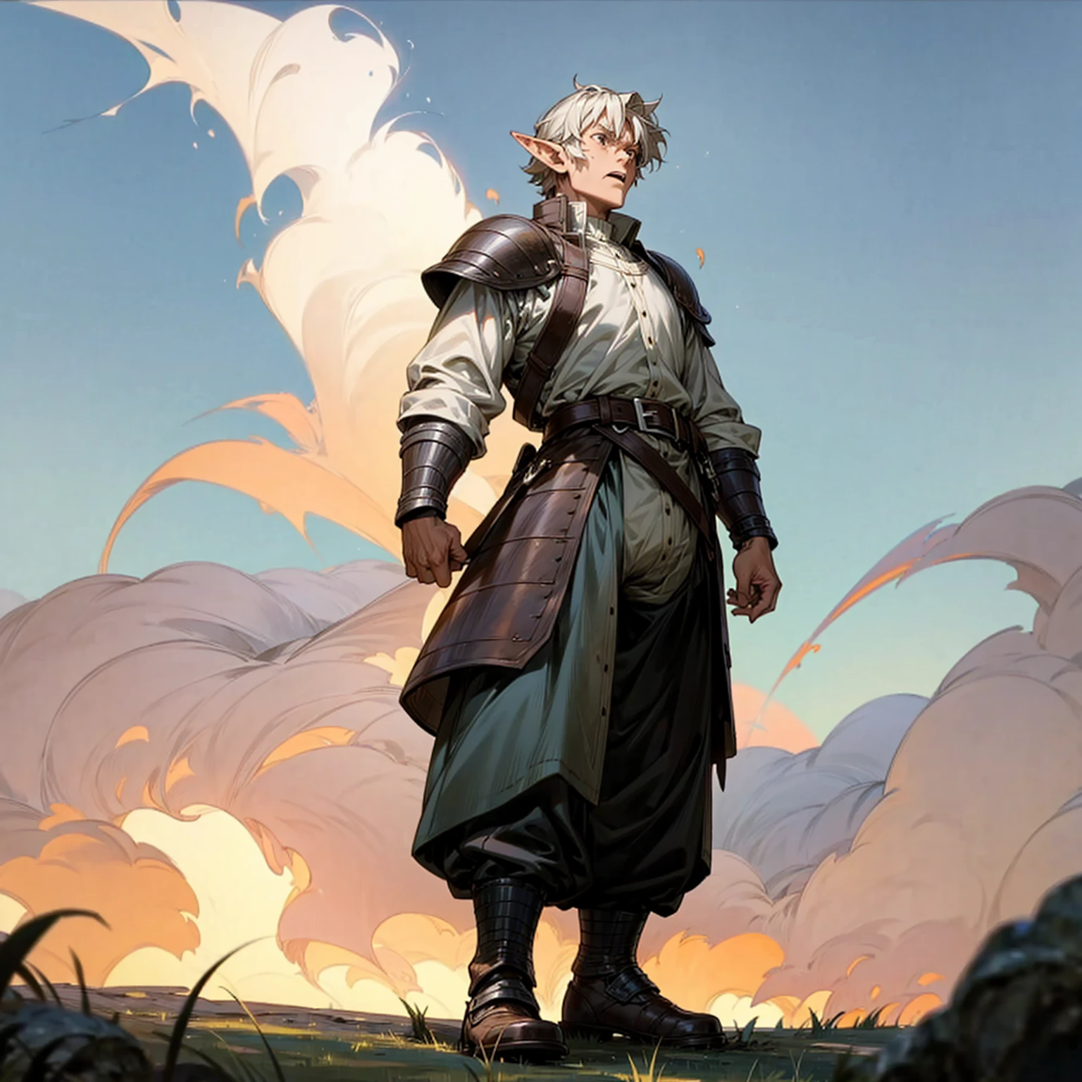 Solo character, full body version, old man, big man, muscle, (elf), brown eyes, white color hair, short Curly hair, white shirt, black long pants, shoes, belt, outdoor, field, Greenland, evening, medieval, standing gesture, detailed background, detailed clothing, detailed hair, (Makoto shinkai style art), thin beard, open mouth, angry, armor, smoke effect, fire effect 