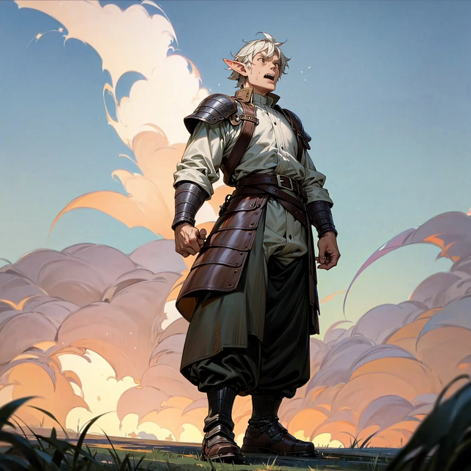 Solo character, full body version, old man, big man, muscle, (elf), brown eyes, white color hair, short Curly hair, white shirt, black long pants, shoes, belt, outdoor, field, Greenland, evening, medieval, standing gesture, detailed background, detailed clothing, detailed hair, (Makoto shinkai style art), thin beard, open mouth, angry, armor, smoke effect, fire effect 