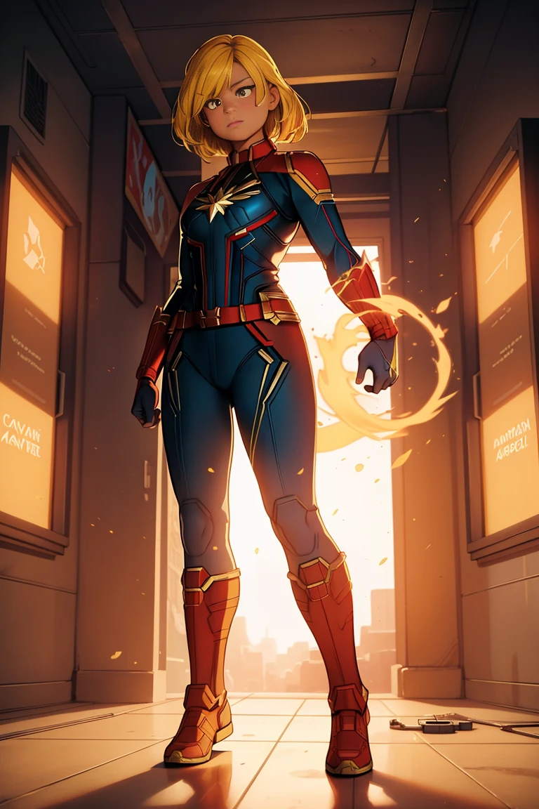 Captain marvel , native girl, dark-skinned_female, yellow hair, full body, yellow girl, trending on artstation, perfect eye, captain marvel uniform,