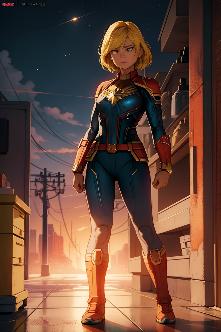 Captain marvel , native girl, dark-skinned_female, yellow hair, full body, yellow girl, trending on artstation, perfect eye, captain marvel uniform,