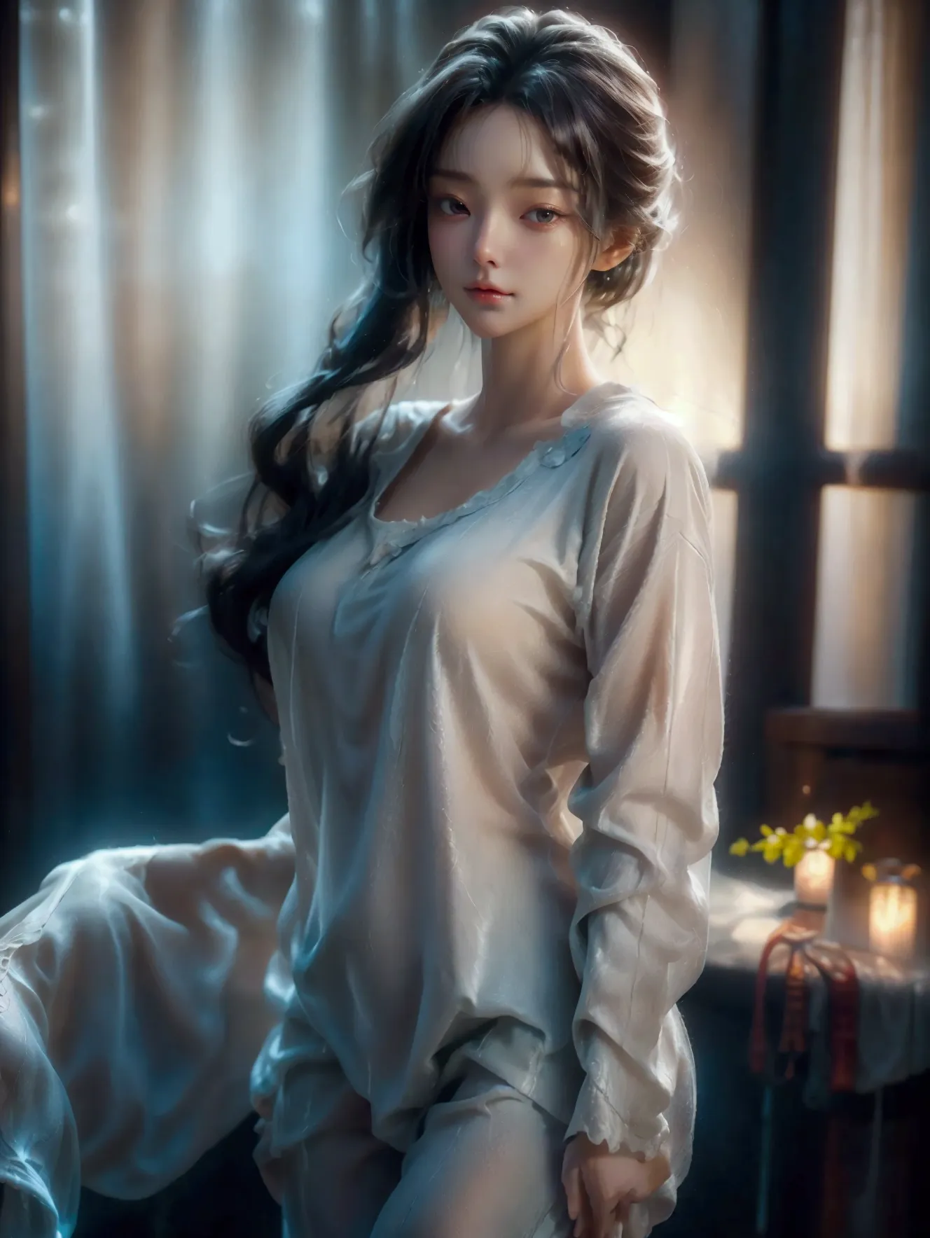 “a beautiful woman with wet hair, fresh from a bath, dressed in comfortable pajamas. she is standing in a cozy, softly lit room,...