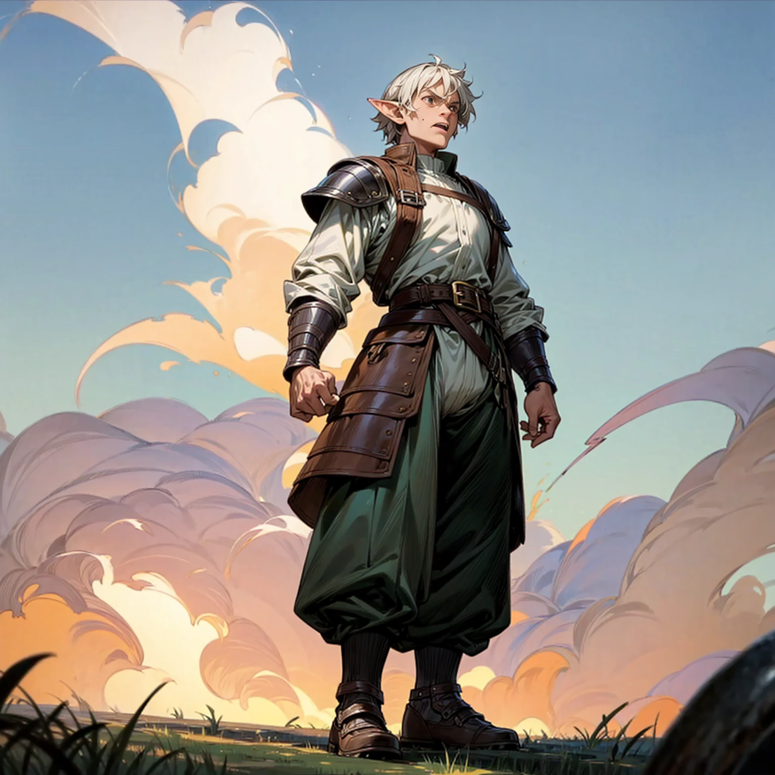 Solo character, full body version, old man, big man, muscle, (elf), brown eyes, white color hair, short Curly hair, white shirt, green long pants, shoes, belt, outdoor, field, Greenland, evening, medieval, standing gesture, detailed background, detailed clothing, detailed hair, (Makoto shinkai style art), thin beard, open mouth, angry, armor, smoke effect, fire effect 