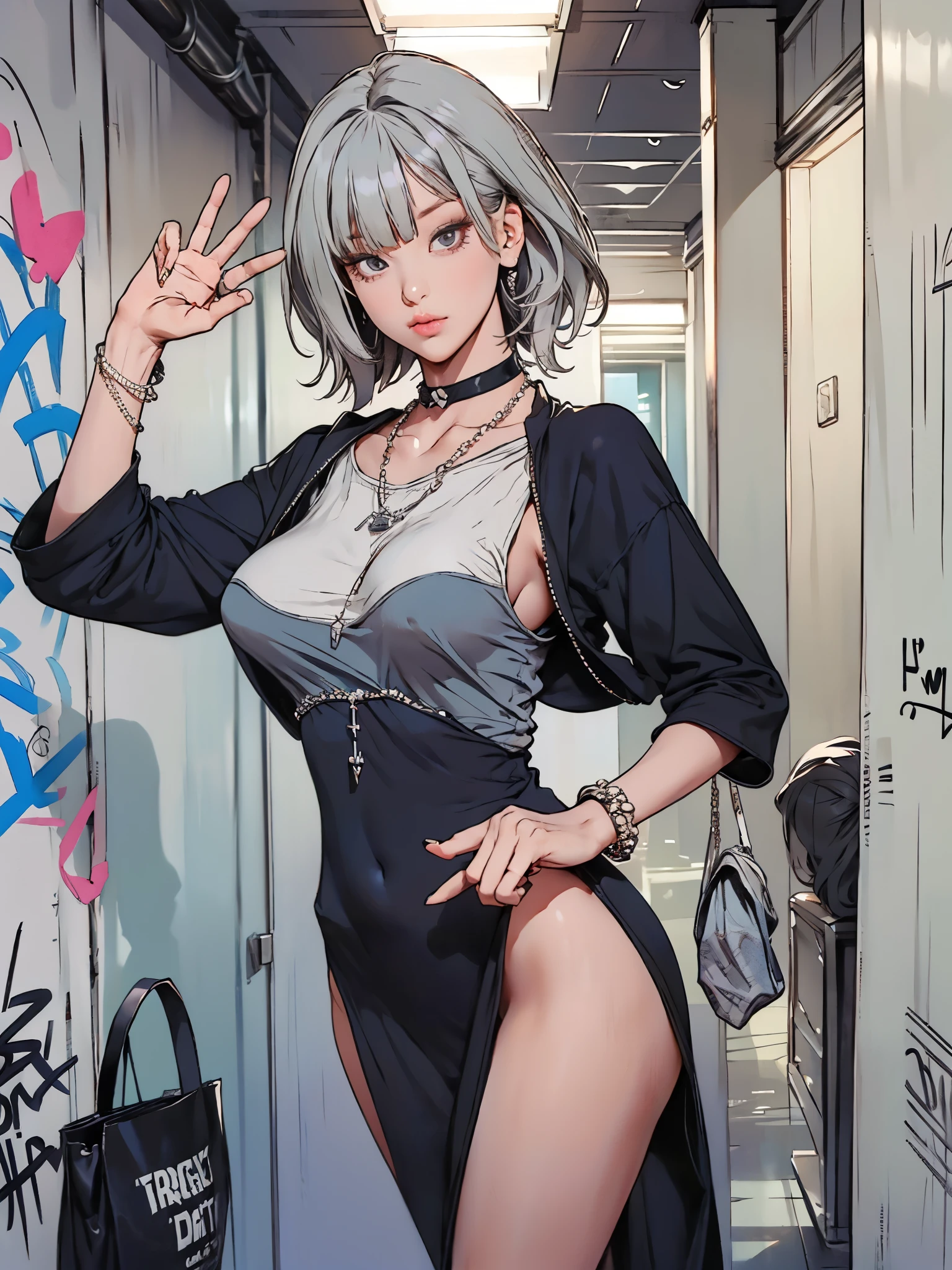 girl, standing, raised hand, long dress, gigantic breasts, folded shirt, bob hair, bangs, detailed face, looking at viewer, in hallway, dim light, grey hair, bouffant, studded bracelets, chain necklace, rings, black plastic bags, graffities on walls,