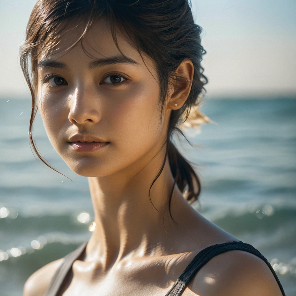 A hyper-realistic image of a single Japanese woman in her early 20s, captured with the nostalgic warmth and pronounced graininess of a film camera, showing her from the shoulders up as she stands on a sunlit beach. Her skin has a warm beige tone with a natural, visibly rough texture that includes pronounced pores, fine lines, and subtle imperfections such as small blemishes, slight unevenness, and a hint of sun exposure, contributing to the authenticity of her appearance. The texture of her skin is intentionally less smooth, with a tangible roughness that enhances the realism, making the surface appear slightly weathered by the elements. The soft, diffused natural light illuminates her face and shoulders with a gentle touch, casting shadows that subtly reveal the unevenness of her skin. Her straight, glossy black hair flows naturally in the ocean breeze, framing her face, and her deep brown eyes reflect the soft sunlight and the shimmering sea. The film camera effect amplifies the grain and texture, creating a warm, nostalgic atmosphere while maintaining the deliberately rougher, less polished texture of her skin. The composition, focused on her upper body, captures the serene elegance of the beach setting, highlighting the natural interaction of light and shadow on her skin. This combination of a rough, realistic skin texture, soft natural light, and the grainy film-like qualities ensures that the image presents an authentic, lifelike portrayal of the woman, centered on her face and shoulders.