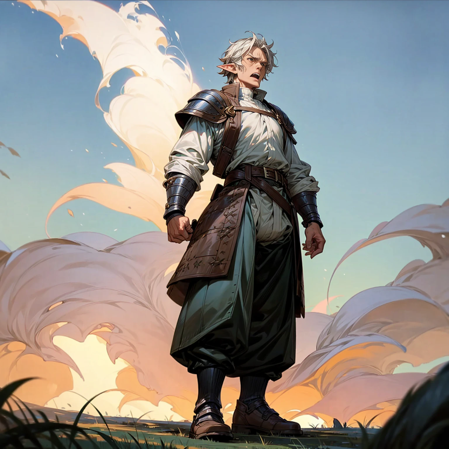 Solo character, full body version, old man, big man, muscle, (elf), brown eyes, white color hair, short Curly hair, white shirt, green long pants, shoes, belt, outdoor, field, Greenland, evening, medieval, standing gesture, detailed background, detailed clothing, detailed hair, (Makoto shinkai style art), thin beard, open mouth, angry, armor, smoke effect, fire effect 