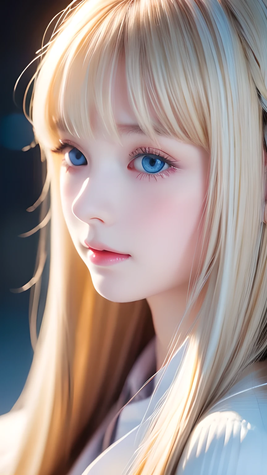 Analogue style portrait of a cute very beautiful young woman with the most beautiful blonde super long straight hair in the world、The bangs between the eyes hang down to the tip of the nose.、Beautifully large, very bright, pale blue eyes、Skin as white as snow、Glowing Skin、Small Face Beauty、Round face