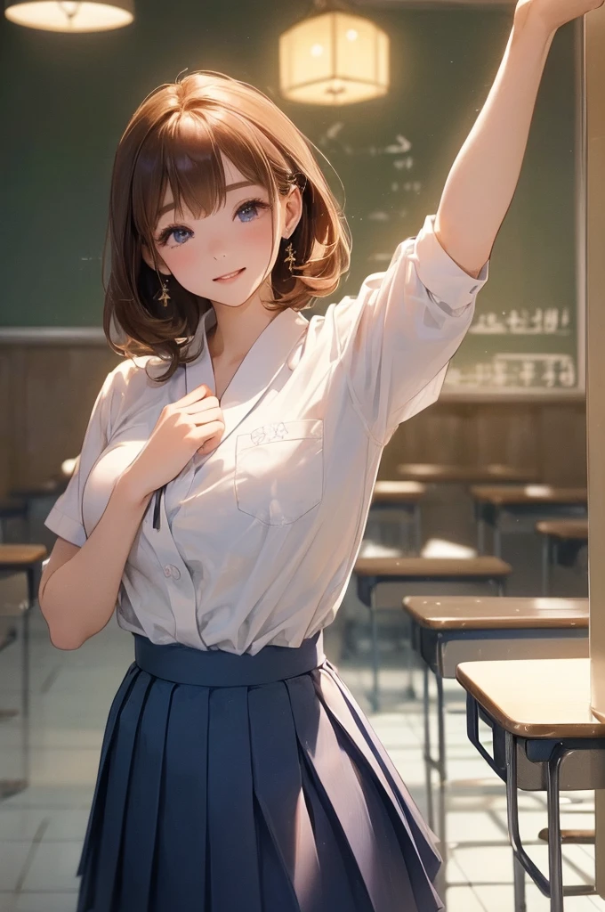 (masterpiece、Best image quality、High Quality Score：1.3）、（Crisp image quality）、Perfect beauty： 1.5、Brown haired、（Japanese School Uniform）、Sailor suit、（Fluttering skirt）、Red hair ornament、Beautiful girl、cute、The best smile、(No background）、（Pure white background）、(Physical Education Classroom Lessons)、Fancy white panties、Perfect Proportions,One Woman、、Dark blue pleated skirt、