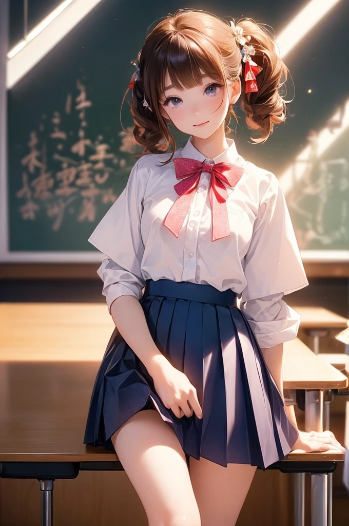 (masterpiece、Best image quality、High Quality Score：1.3）、（Crisp image quality）、Perfect beauty： 1.5、Brown haired、（Japanese School Uniform）、Sailor suit、（Fluttering skirt）、Red hair ornament、Beautiful girl、cute、The best smile、(No background）、（Pure white background）、(Physical Education Classroom Lessons)、Fancy white panties、Perfect Proportions,One Woman、、Dark blue pleated skirt、