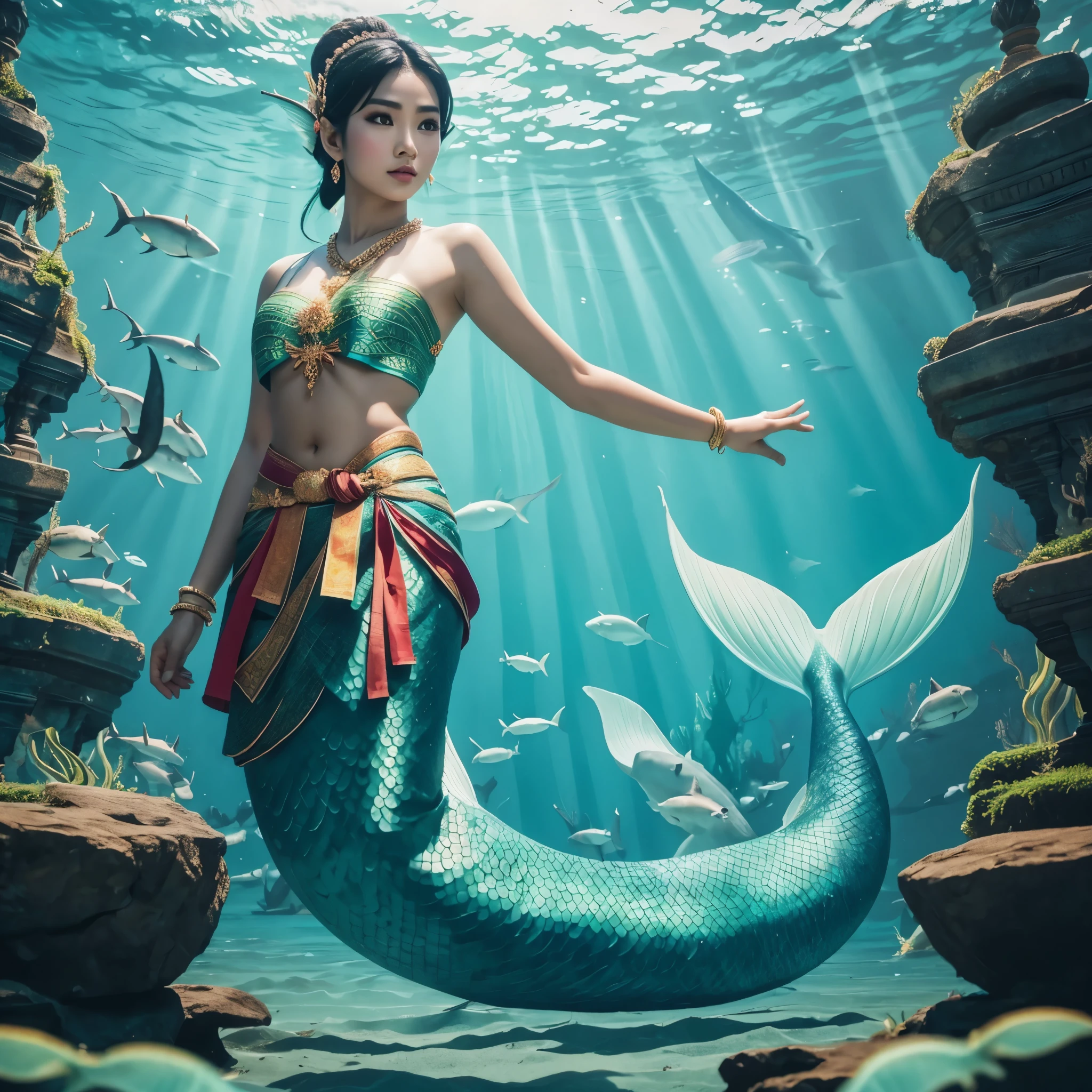 a beautiful Thai female mermaid, black hair, wearing Thai ancient traditional cloth on upper body, upper body is human, lower body is shining turquoise fish tail, no head dress, swimming in fear of giant sharks' attack,