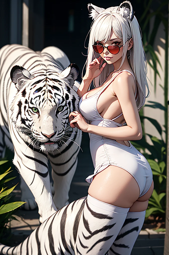 cyber punk, Frank Frazetta style, Perfect composition, One Woman, alone, Mature Woman,White Tiger Theme, Please raise your hand, Please raise your knees, stop temporarily, Low angle close up shot, Strong bloom in the background, Shine, Soft pink edge light, length, spiky white hair, White tiger ears, ((Big tits beauty))White tiger tail, White tiger fur stockings, small Shineing orange sunglasses, White tiger stripes, Perfect hands, High Contrast, Enhanced brightness, Strong top-down lighting