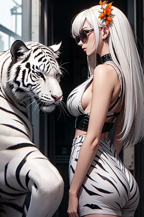 cyber punk, frank frazetta style, perfect composition, one woman, alone, mature woman,white tiger theme, please raise your hand,...