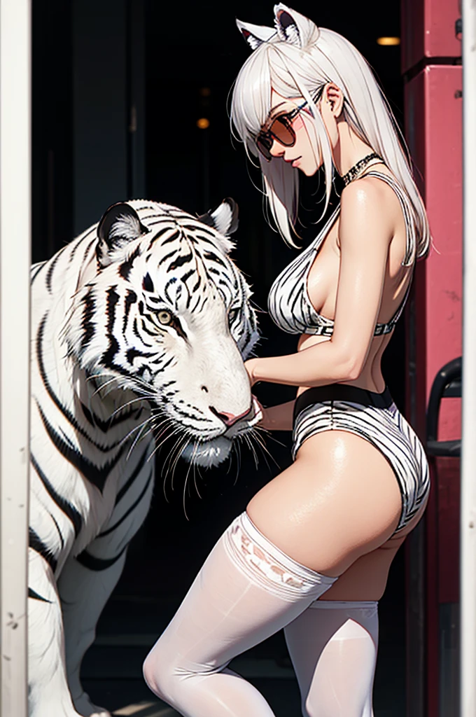 cyber punk, Frank Frazetta style, Perfect composition, One Woman, alone, Mature Woman,White Tiger Theme, Please raise your hand, Please raise your knees, stop temporarily, Low angle close up shot, Strong bloom in the background, Shine, Soft pink edge light, length, spiky white hair, White tiger ears, ((Big tits beauty))White tiger tail, White tiger fur stockings, small Shineing orange sunglasses, White tiger stripes, Perfect hands, High Contrast, Enhanced brightness, Strong top-down lighting