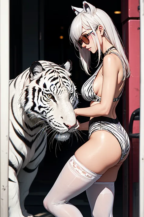 cyber punk, frank frazetta style, perfect composition, one woman, alone, mature woman,white tiger theme, please raise your hand,...