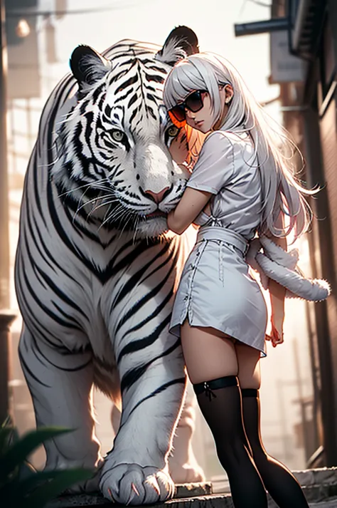 cyber punk, frank frazetta style, perfect composition, one woman, alone, mature woman,white tiger theme, please raise your hand,...