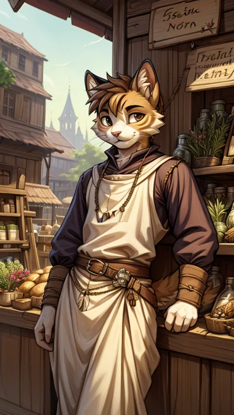 (very detailed illustration: 1.2), best quality, masterpiece, solo, natural lighting, a young cat boy, wearing medieval era merc...