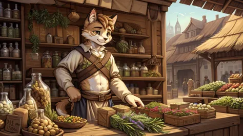 (very detailed illustration: 1.2), best quality, masterpiece, solo, natural lighting, a young cat boy, wearing medieval era merc...