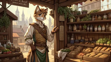 (very detailed illustration: 1.2), best quality, masterpiece, solo, natural lighting, a young cat boy, wearing medieval era merc...