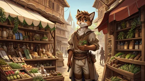 (very detailed illustration: 1.2), best quality, masterpiece, solo, natural lighting, a young cat boy, wearing medieval era merc...