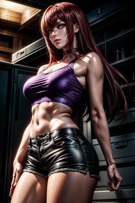 kurisu makise, choker, (red hair:1.4), (purple eyes:1.5), long hair, (small breasts:1.2), thicc thighs, curvy hips, tanlines,
br...