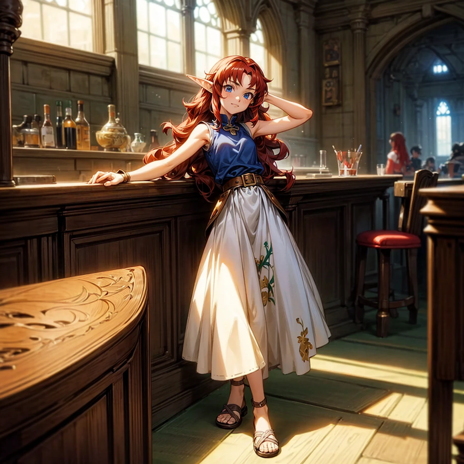 Solo character, full body version, kid girl, (elf), blue eyes, red color hair, long Curly hair, sleeveless t-shirt , long skirt, sandals, indoor, bar, village, medieval, standing gesture, detailed background, detailed clothing, detailed hair, (Makoto shinkai style art), happy eyes 