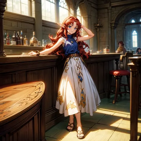 solo character, full body version, kid girl, (elf), blue eyes, red color hair, long curly hair, sleeveless t-shirt , long skirt,...