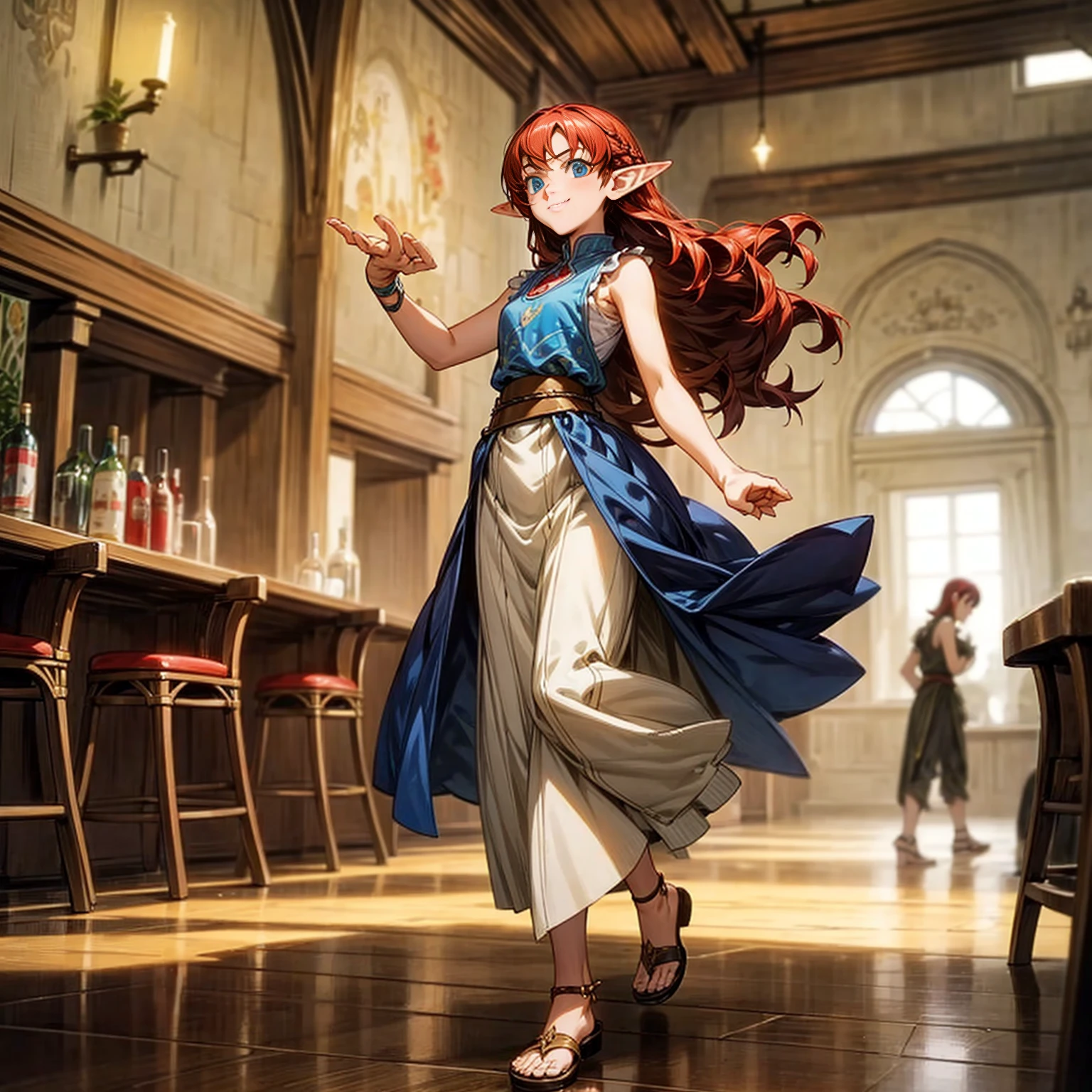 Solo character, full body version, kid girl, (elf), blue eyes, red color hair, long Curly hair, sleeveless t-shirt , long skirt, sandals, indoor, bar, village, medieval, standing gesture, detailed background, detailed clothing, detailed hair, (Makoto shinkai style art), happy eyes 