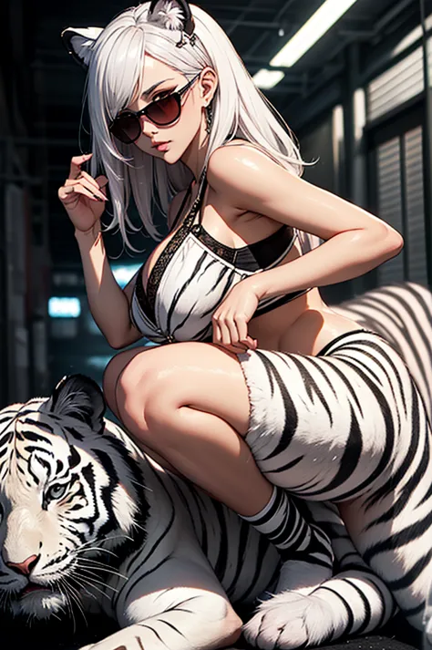 cyber punk, frank frazetta style, perfect composition, one woman, alone, mature woman,white tiger theme, please raise your hand,...