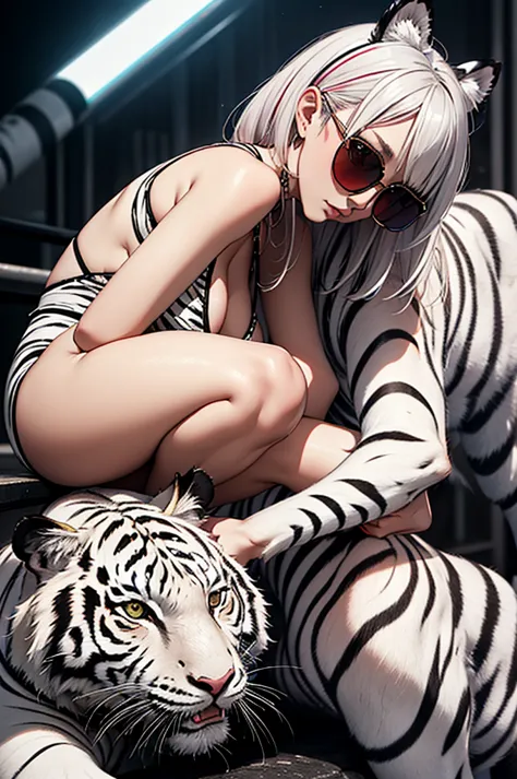 cyber punk, frank frazetta style, perfect composition, one woman, alone, mature woman,white tiger theme, please raise your hand,...