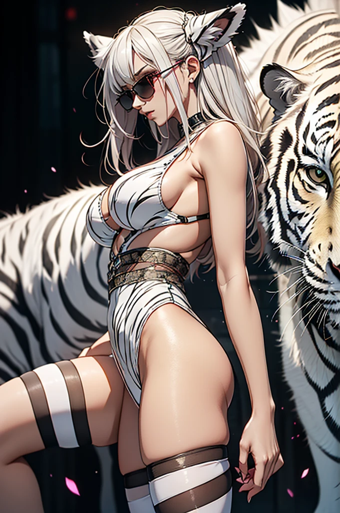 cyber punk, Frank Frazetta style, Perfect composition, One Woman, alone, Mature Woman,White Tiger Theme, Please raise your hand, Please raise your knees, stop temporarily, Low angle close up shot, Strong bloom in the background, Shine, Soft pink edge light, length, spiky white hair, White tiger ears, ((Big tits beauty))White tiger tail, White tiger fur stockings, small Shineing orange sunglasses, White tiger stripes, Perfect hands, High Contrast, Enhanced brightness, Strong top-down lighting