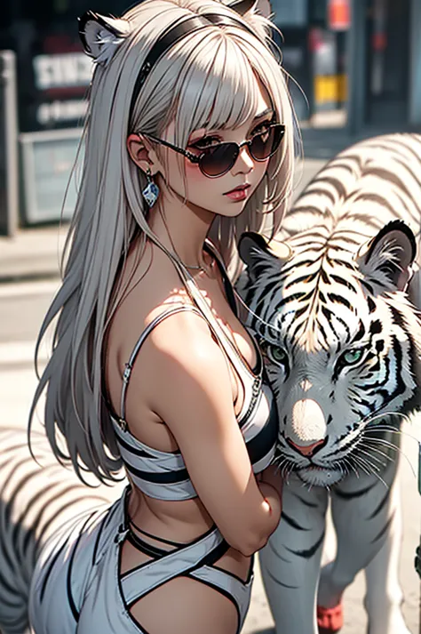 cyber punk, frank frazetta style, perfect composition, one woman, alone, mature woman,white tiger theme, please raise your hand,...