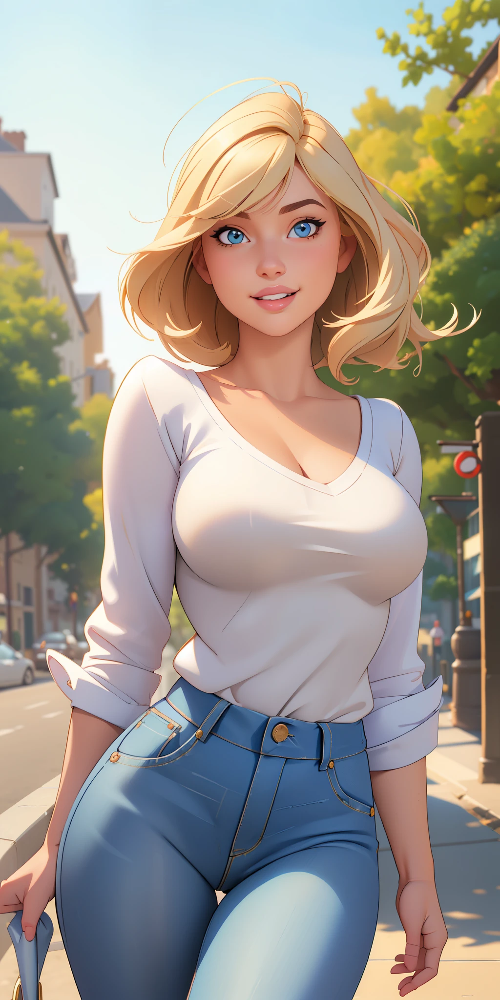 (best quality, ultra-detailed, photorealistic: 1.39), Face of naughty 2 teenager, bright and vibrant colors, studio lighting, romantic expression, Perfect big breasts, cute blouse, long sleeves, jeans, Short blonder hair, bob style, bangs flowing in the wind, attractive eyes, lips bright, sexy pose, smiling seductively, posing for a professional photo shoot, shallow depth of field, soft natural lighting, creating a romantic and magical atmosphere, street, summer, sunny day, trees