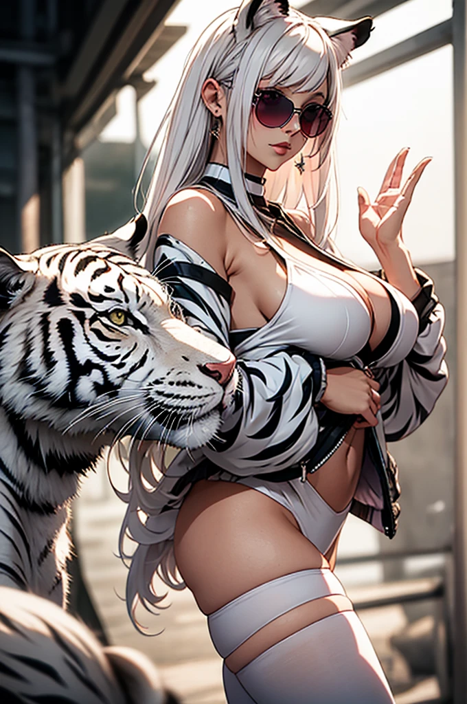 cyber punk, Frank Frazetta style, Perfect composition, One Woman, alone, Mature Woman,White Tiger Theme, Please raise your hand, Please raise your knees, stop temporarily, Low angle close up shot, Strong bloom in the background, Shine, Soft pink edge light, length, spiky white hair, White tiger ears, ((Big tits beauty))White tiger tail, White tiger fur stockings, small Shineing orange sunglasses, White tiger stripes, Perfect hands, High Contrast, Enhanced brightness, Strong top-down lighting